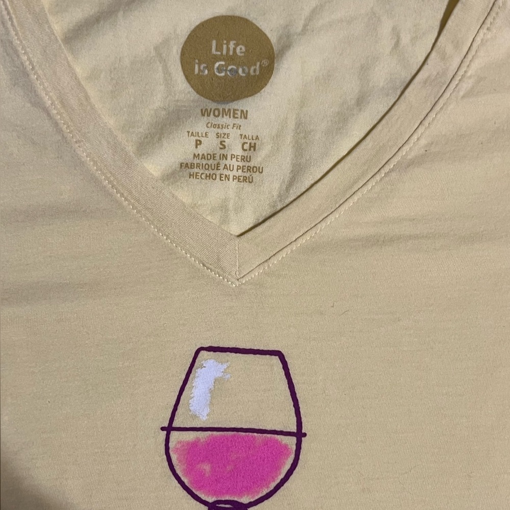 Life Is Good Half Full Wine Glass Women’s Cotton V-Neck T-Shirt Yellow Small - Picture 7 of 12